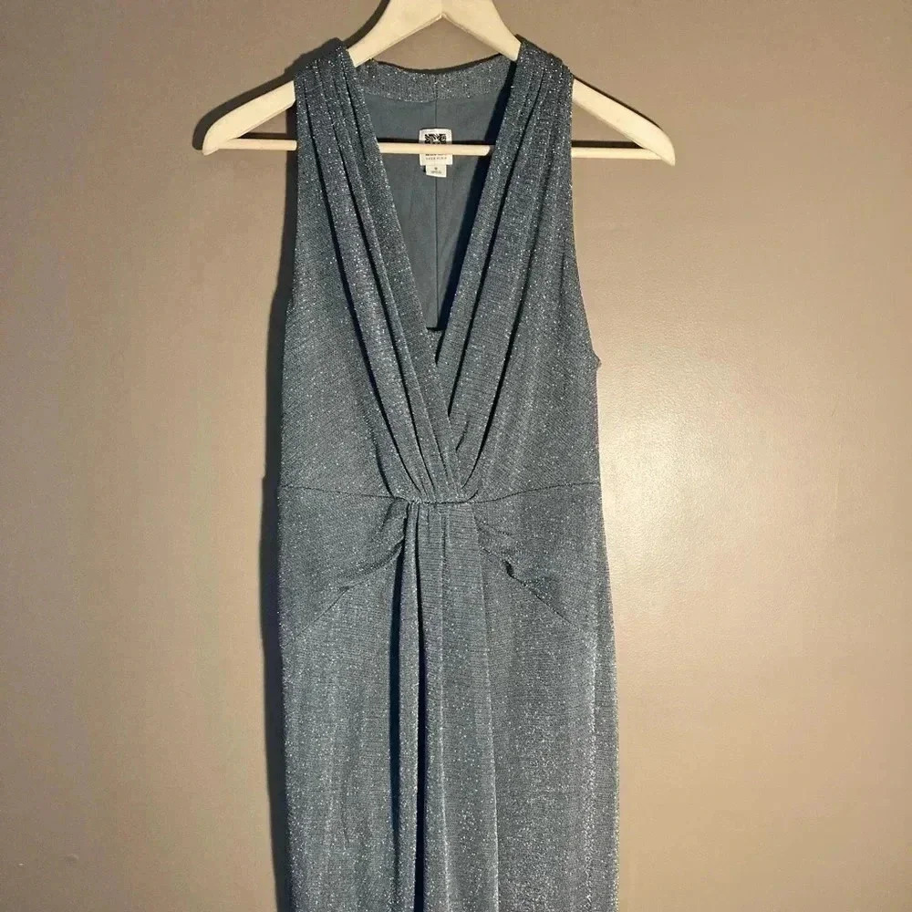 Anne Klein v neck silver lurex sleeveless dress
